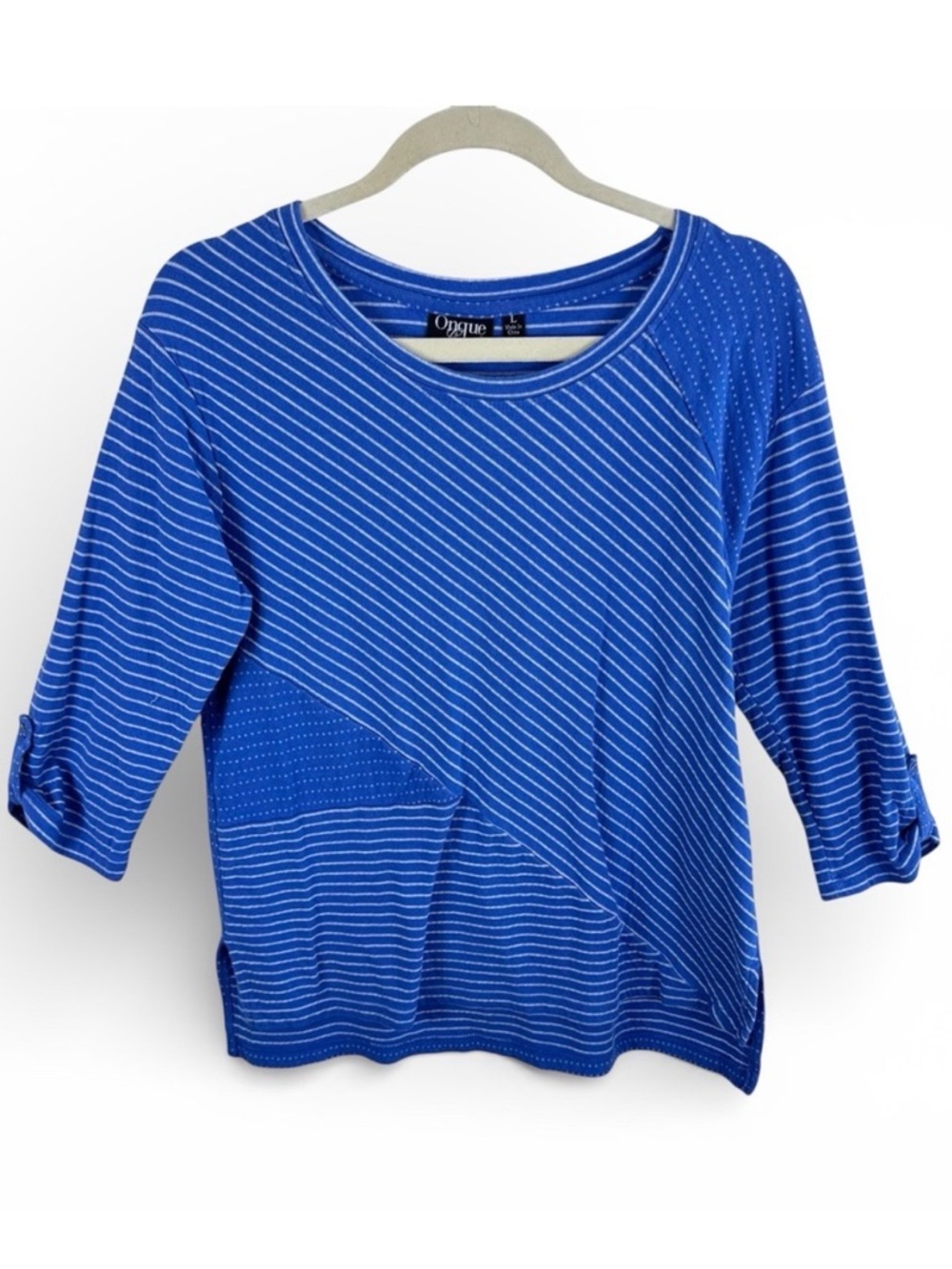 Onque Casual Womens Large Blue White Striped Cotton Blend 3/4 Sleeve Top Shirt